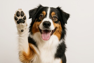 Fototapeta premium Happy tricolor dog raising paw and smiling playfully on light background, cheerful expression and friendly gesture concept in studio setting. Ai generative