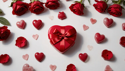 Valentine's day flat lay with red roses, heart shaped chocolates and gift box on white