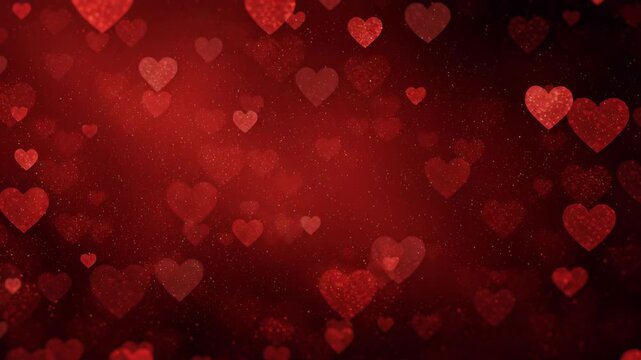 A red background with many red hearts scattered throughout. Concept of love and warmth. Deep red valentine background with soft vignette lighting, elegant commercial look