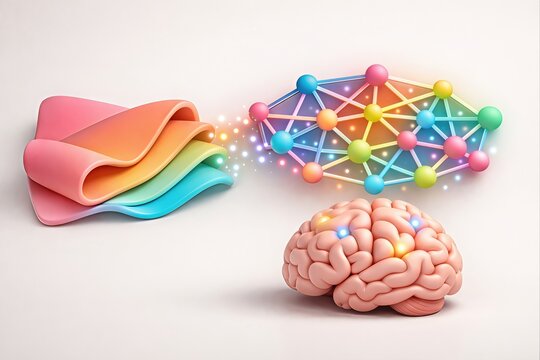 Creative thinking visualization with colorful brain network connections and pastel waves demonstrating cognitive flexibility and innovative patterns of thought