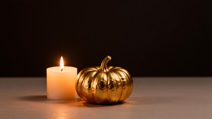 lit candle and golden pumpkin decoration