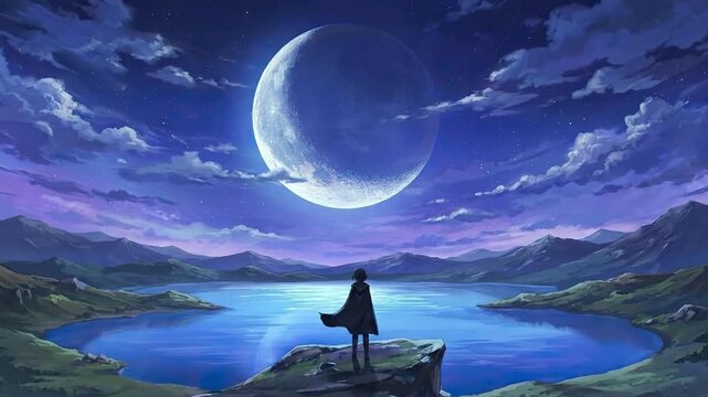 An animated, mystical landscape unfolds under a breathtaking night sky, dominated by a colossal, luminous moon or celestial body. A lone figure, silhouetted and cloaked, stands contemplatively on a ro