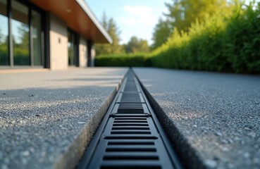 Fototapeta premium Linear drain channel with grate on gravel surface next to building. Outdoor drainage system collects water, prevents flooding. Modern exterior landscape design element.