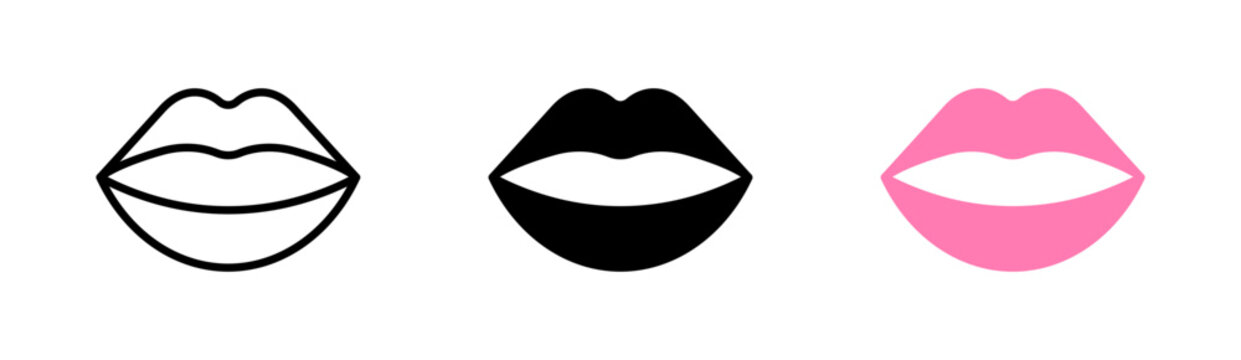 Lips line icon set. Lip black, pink icons. Anatomy concept. Human lips sign, symbol. Editable stroke. Vector illustration. Flat design.