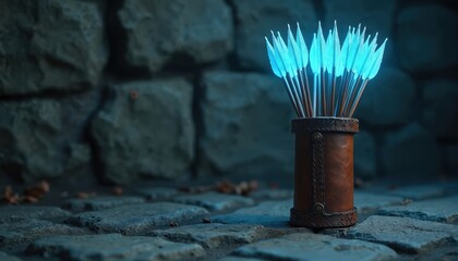 Glowing blue arrows in leather quiver rest on cobblestone. Ancient fortress wall looms behind. Misty night air creates mysterious atmosphere. Ready for adventure or combat.