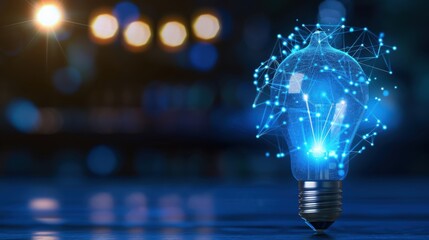 Futuristic glowing light bulb with digital connections representing innovation and technology in a creative environment