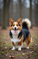 Tricolor Pembroke Welsh Corgi with long tail stands in park. Cute dog smiles looking forward with its tongue out. Its fur is fluffy and its ears are perked. Pet is happy and active outdoors.