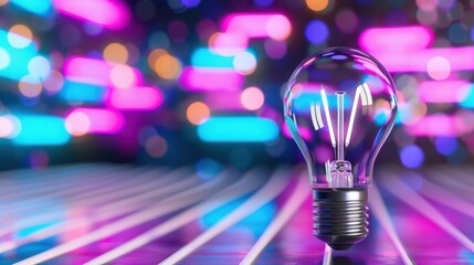 A Bright Light Bulb on a Colorful Background with Bokeh Effect for Creative Conceptual Images