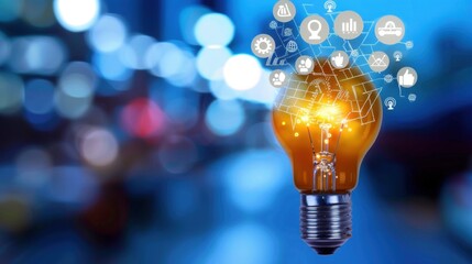 Smart Light Bulb with Digital Icons Representing Ideas and Innovation against a Blurry Urban Background