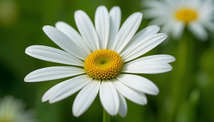 Fototapeta premium “Beautiful White Daisy Flower with Yellow Center in Full Bloom, Macro Close-Up of Fresh Chamomile or Daisy Blossom Isolated Against Soft Green Blurred Background, Spring Nature and Floral Beauty Conce