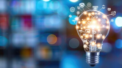 Bright Idea Light Bulb with Technology Icons and Digital Network Concept for Innovation and Creativity