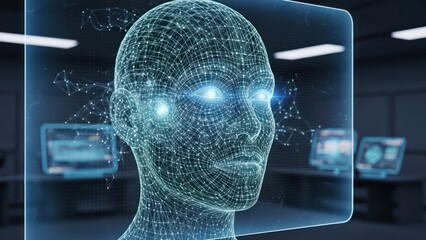 Futuristic wireframe human head representing artificial intelligence on a digital interface with glowing data.