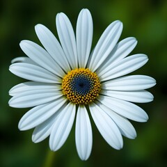 Fototapeta premium “Beautiful White Daisy Flower with Yellow Center in Full Bloom, Macro Close-Up of Fresh Chamomile or Daisy Blossom Isolated Against Soft Green Blurred Background, Spring Nature and Floral Beauty Conce