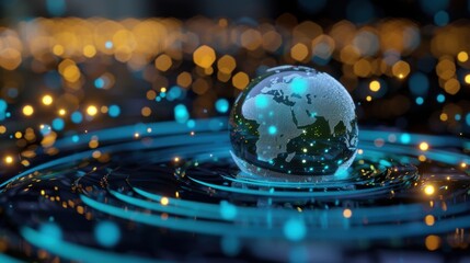 Abstract depiction of glowing globe with blue and orange lights on rippling water surface for futuristic concepts