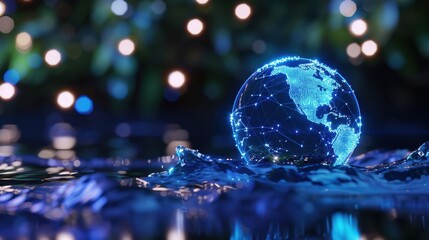 Digital Globe with Connected Nodes in Water Reflections, Representing Global Communication and Technology Advancements