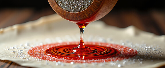 Liquid being poured from wooden bowl onto paper for National Foundation Day of Japan  