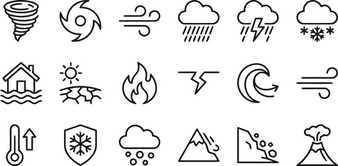 Natural disaster and weather icons set depicting various environmental hazards and meteorological conditions