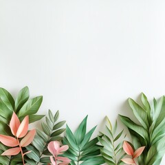 Colorful leaves arranged on a white background.
