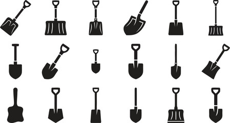 Set of shovel and spade icons for gardening and construction work tools © Baizid
