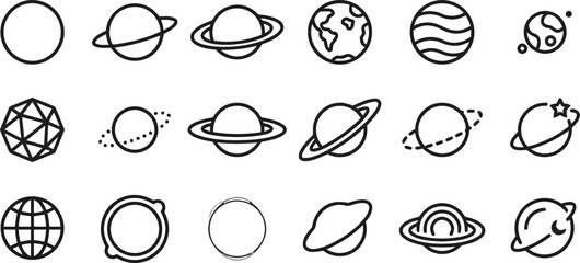 Space and astronomy planet icons set with orbits and celestial bodies © Baizid