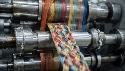 Close medium view of cordage braiding process focusing on the transformation of multiple strands into durable braided lines under precise mechanical control.