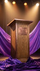 ornate oak lectern hammered copper accents blank plaque purple velvet stage glow dust motes