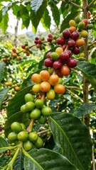 multicolored coffee berries glistening with morning dew drops against lush mountain greenery