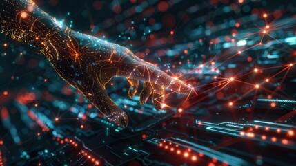 Digital hand reaching towards glowing circuits and data streams in a futuristic virtual environment