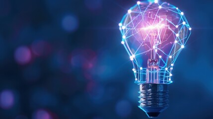 Bright Futuristic Light Bulb with Colorful Network Connection Glow on Blue Background