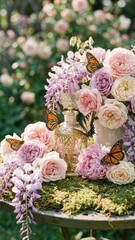 antique golden butterfly bottle centerpiece with lush pink roses and bright orange monarchs