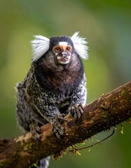 Fototapeta premium A small monkey with white ear tufts perches on a tree branch, looking at camera
