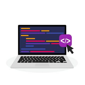 Computer laptop with code on screen. Software development. Website coding process.