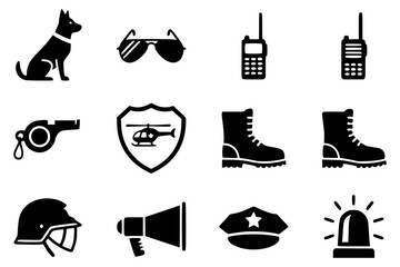 A grid of twelve black and white icons on a plain white background, each icon representing an object associated with security, police, or military roles.