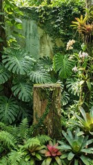 shady weathered stump covered in moss amidst giant green monstera bromeliads orchids