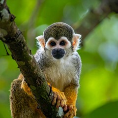 Obraz premium A small monkey, with wide eyes, perches on a tree branch, looking at the viewer