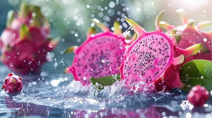 Fototapeta premium Fresh Dragon Fruit Slices Surrounded by Water Droplets with Backlight in a Vibrant Colorful Arrangement