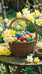 vibrant spring daffodil flowers around a basket of painted eggs on weathered mossy wood