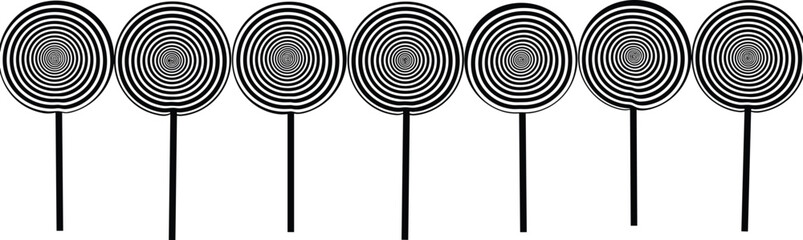 Black lollipop silhouettes set arranged in a row, simple candy icons isolated on white background representing sweets, treats, confectionery and minimal graphic design