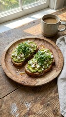 sunlit rustic avocado toast crumbled feta chili flakes drizzling honey coffee mug