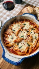 rustic baked jumbo shells pasta in blue speckled ceramic dish near artisan bread