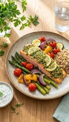 brightly lit pink baked salmon fillet herb crust vibrant asparagus roasted vegetables