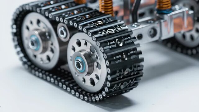 A robot with a black chain on its wheels. The chain is made of metal. Close-up small crawler robotic drivetrain with friction controlled tread, teaching mechanical advantage, robotic education kit