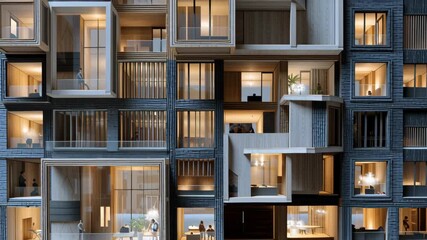 A model of a building with many windows and a tree in front. Close-up small scale facade interface allowing social commerce and living to coexist, future mixed use, mixed use urban project