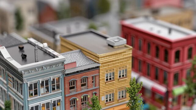 A charming little town with a row of buildings lining the street. Close-up streetscape rehabilitation micro model representing micro services return, editorial urban improvement, city revitalization