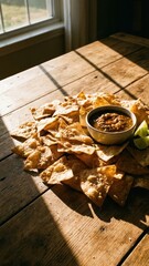 dramatic sunlit pile of golden chips chunky dark salsa on weathered wood salt grains