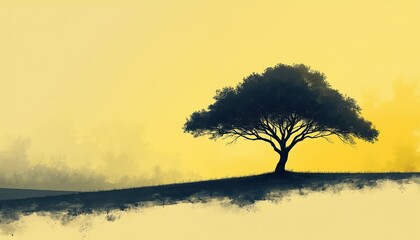 Obraz premium Single tree silhouette stands on grassy hill. Bright yellow sky fades into soft haze. Minimalist landscape art evokes peace and solitude. Natural scene, organic shape. Outline sketch.