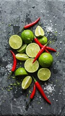 vibrant green limes red peppers coarse white salt scattered on wet dark slate