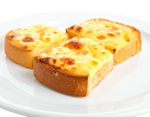 Three slices of bread, topped with melted cheese, arranged on a white ceramic plate