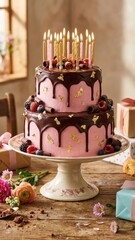 festive rustic two tiered pink cake dark chocolate drip gold flakes glowing candles
