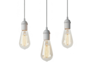 Three pendant light bulbs hanging isolated on transparent background